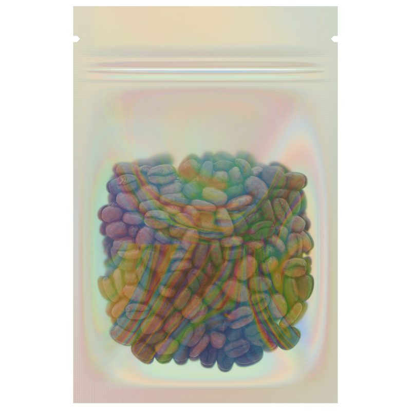 Gloss Holographic Vista Clear Dragon Chewer 1 gram one g smell proof mylar bags by HIGHLOCK. Best thick wholesale bulk dispensary custom child resistant packaging 420 barrier bags tamper evident resealable large food storage heat sealable 3 x 4.5 custom labels stickers strain rx generic California cali