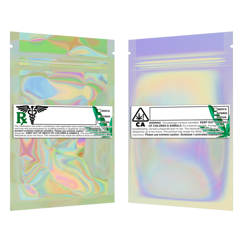 Gloss Holographic Vista Clear Translucent Transparent Dragon Chewer 1 gram one g smell proof mylar bags by HIGHLOCK. Best thick wholesale bulk dispensary custom child resistant packaging 420 barrier bags tamper evident resealable large food storage 3 x 4.5 pouch gusset usa cheap small custom labels stickers strain rx generic California cali