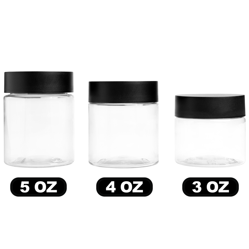 3 Ounce Clear PET Jar - Child Resistant Black Smooth Cap w/ Liner - (512 qty.)