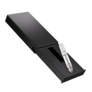 A black and black CPSC certified child resistant pre-roll slider box with a vape cartridge inside, designed for holding .5ml & 1ml cartridges securely.