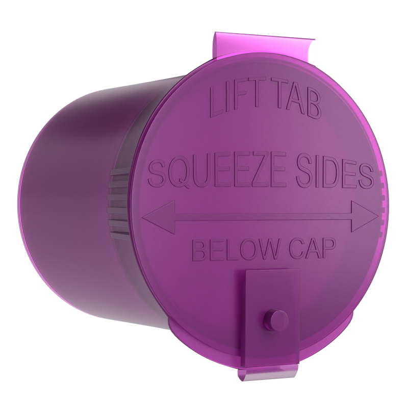 Purple 6 dram latch top pop top child resistant container bottle vial 8 4 dr wholesale packaging smell proof supplies dragon chewer template die diagram size bulk 1 gram 1g CR squeeze top airtight highlock HL nearby near me vial bottle sizes cap small
