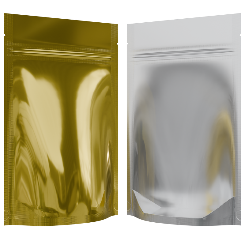 Gloss Gold Vista Clear Translucent Transparent Dragon Chewer 7 g gram 1/4 ounce smell proof mylar bags by HIGHLOCK. Best thick wholesale bulk dispensary custom child resistant packaging 420 barrier bags tamper evident resealable large food storage 4x6 pouch gusset 50 pack