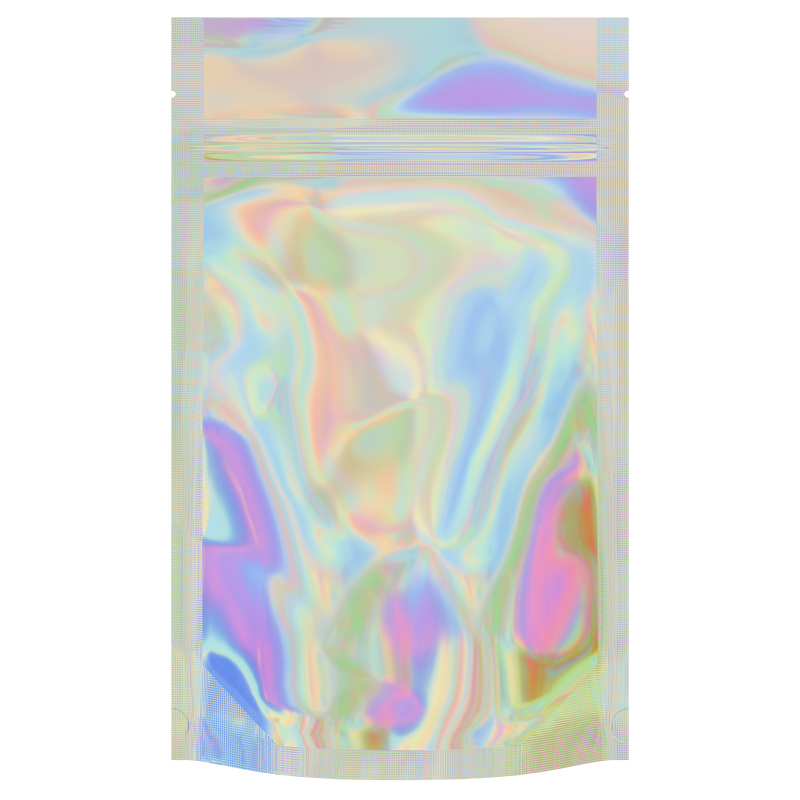 Gloss Holographic Vista Clear Translucent Transparent Dragon Chewer 7 g gram 1/4 ounce smell proof mylar bags by HIGHLOCK. Best thick wholesale bulk dispensary custom child resistant packaging 420 barrier bags tamper evident resealable large food storage baggies 4 x 6