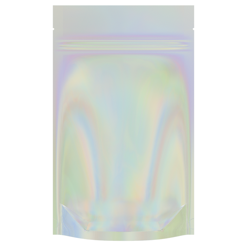 Gloss Holographic Vista Clear Dragon Chewer 7 g gram .25 ounce smell proof mylar bags by HIGHLOCK. Best thick wholesale bulk dispensary custom child resistant packaging 420 barrier bags tamper evident resealable large food storage heat sealable tear notches 4 x 6
