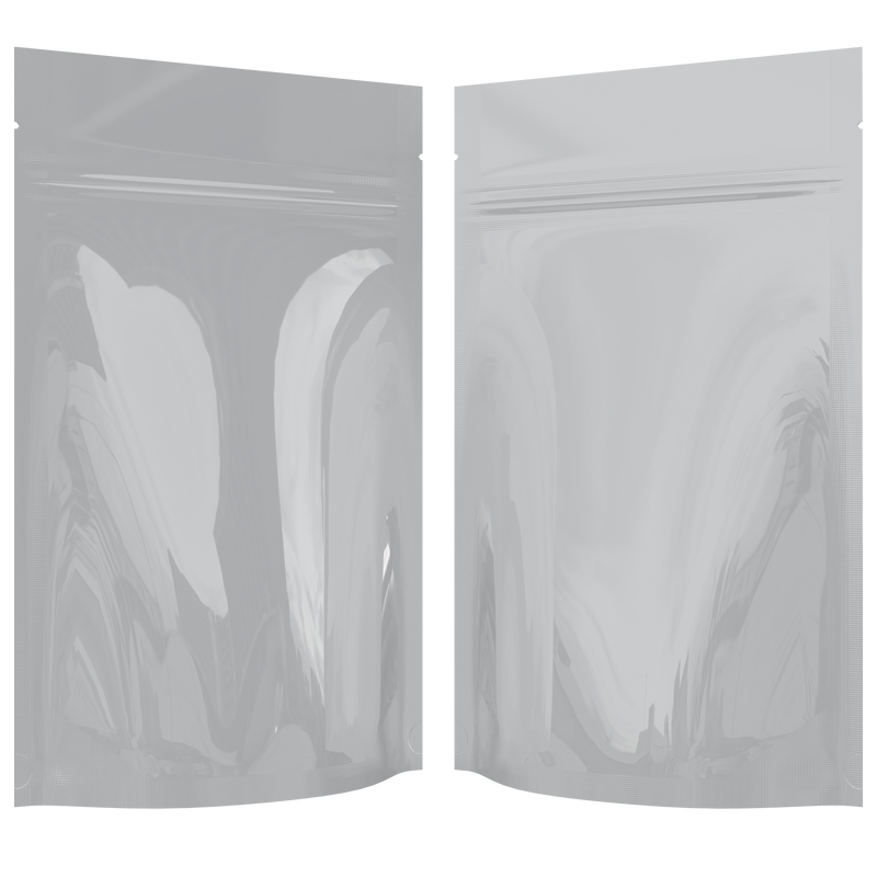 Gloss White Opaque Dragon Chewer 7 g gram 1/4 ounce smell proof mylar bags by HIGHLOCK. Best thick wholesale bulk dispensary custom child resistant packaging 420 barrier bags tamper evident resealable large food storage 4x6 pouch gusset 50 pack