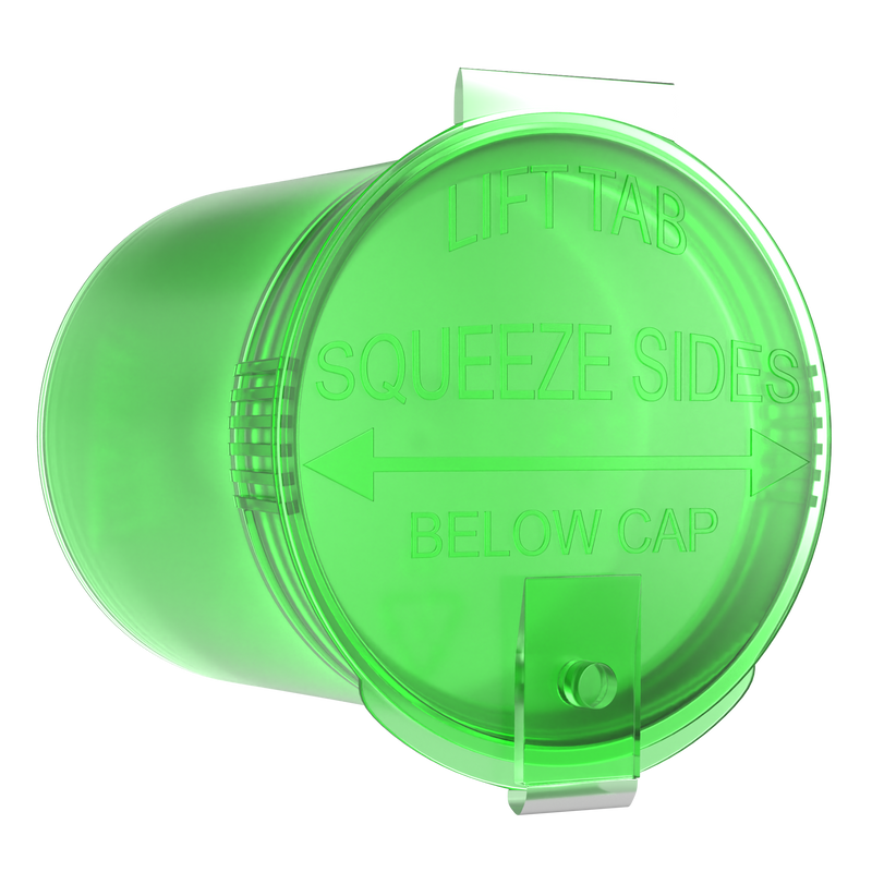 Translucent Green 6 dram latch top pop top child resistant container bottle vial 8 4 dr wholesale packaging smell proof supplies dragon chewer template die diagram size bulk 1 gram 1g CR squeeze top airtight highlock HL nearby near me vial bottle sizes cap small