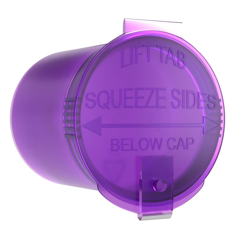Translucent Purple 6 dram latch top pop top child resistant container bottle vial 8 4 dr wholesale packaging smell proof supplies dragon chewer template die diagram size bulk 1 gram 1g CR squeeze top airtight highlock HL nearby near me vial bottle sizes cap small