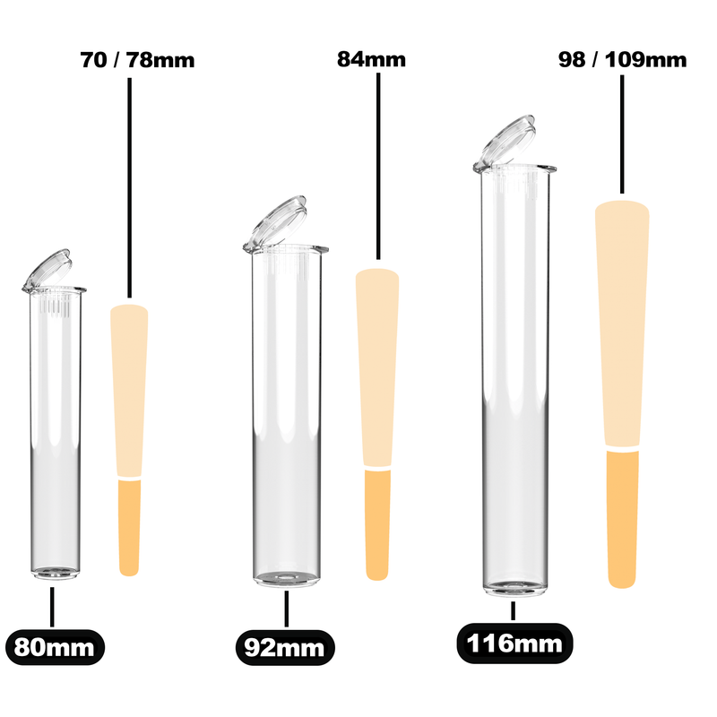 116 109 98 92 84 80 78 70 mm premium wholesale bulk pop top pre roll tubes containers vials jars near me size guide template dimensions clear pre-roll cones papers dragon chewer custom designs