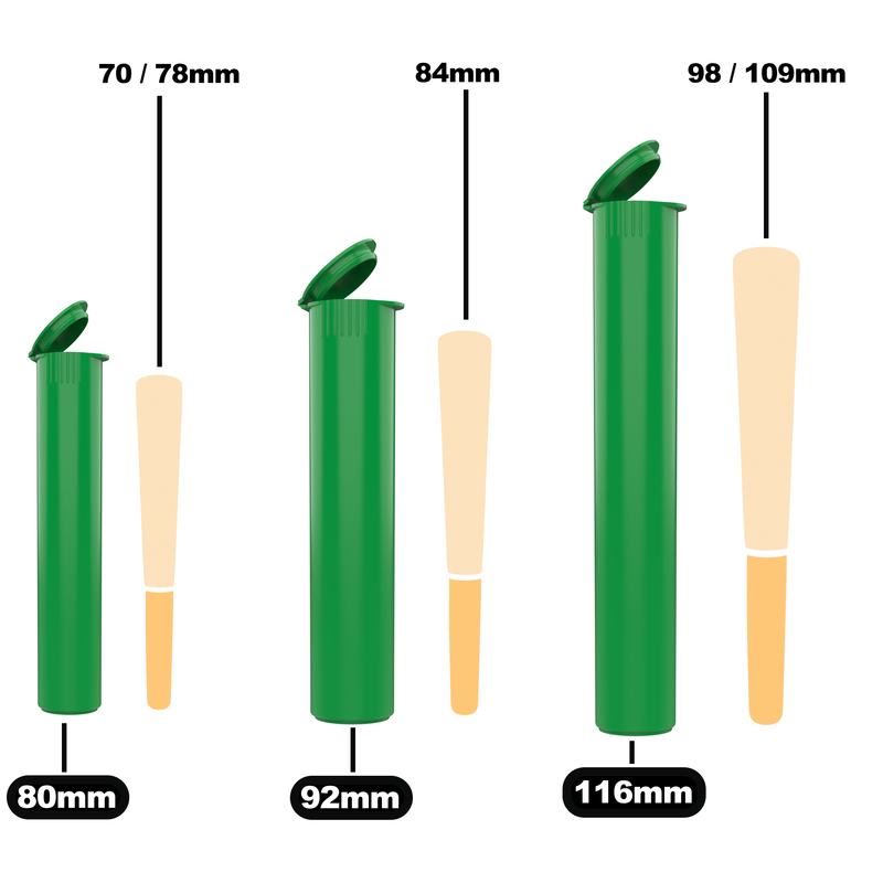 green 116 109 98 92 84 80 78 70 mm premium wholesale bulk pop top pre roll tubes containers vials jars near me size guide template dimensions opaque green smell proof airtight uv