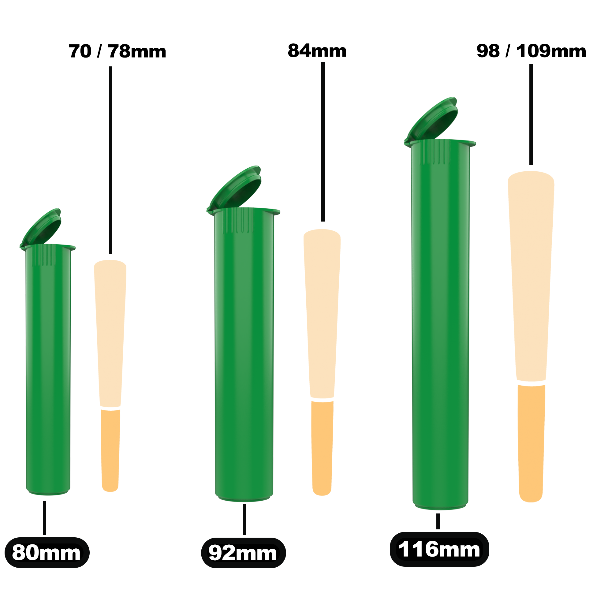 116mm Green Pop Top Pre Roll Child Resistant Tubes - (500 qty.)