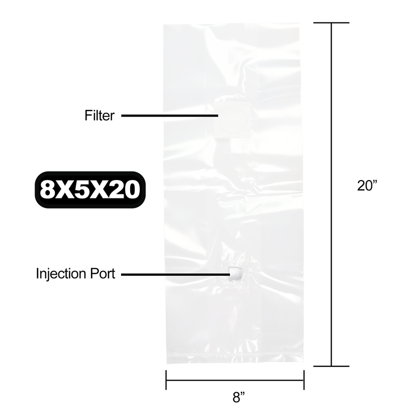 Mushroom Grow Bags - Autoclave Compatible .2 Micron Filter with Injection Port 8x5x20 - (10 qty.)
