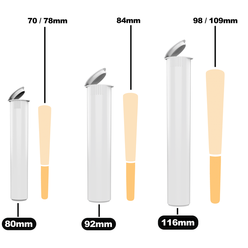 116 109 98 92 84 80 78 70 mm premium wholesale bulk pop top pre roll tubes containers vials jars near me size guide template dimensions white pre-roll cones papers dragon chewer