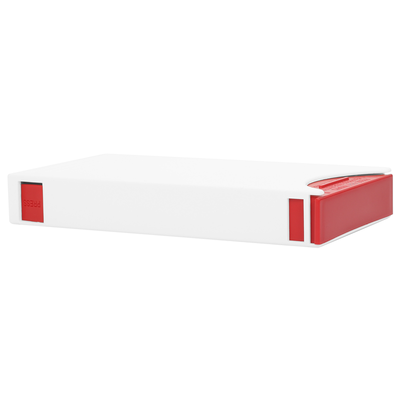 White & Red Press N Pull 109 / 116 mm CR wholesale child resistant custom packaging slider box. The best custom 420 pre roll packaging cases, holders & supplies. This multi-use / multi-pack dispensary container is great for edibles, joints, cartridges, and more! MADE IN THE USA.