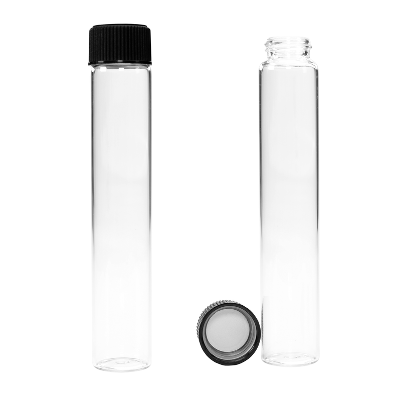 135mm Clear Glass Child Resistant Pre Roll Tubes - Black Cap - (20 qty.)