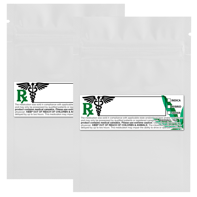 1 Gram 3 X 4 Gloss White – Wholesale 420 smell proof zipper mylar bags with custom printed labels – bulk packaging supplies. 100 foil dispensary storage bags & Rx stickers. 4 MIL – The best mylar bags – lowest prices. 