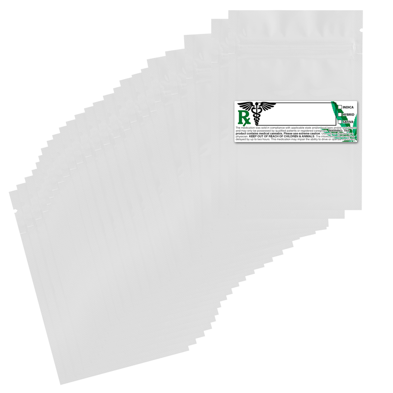 1 Gram 3 X 4 Gloss White – Wholesale 420 smell proof zipper mylar bags with custom printed labels – bulk packaging supplies. 100 foil dispensary storage bags & Rx stickers. 4 MIL – The best mylar bags – lowest prices. 