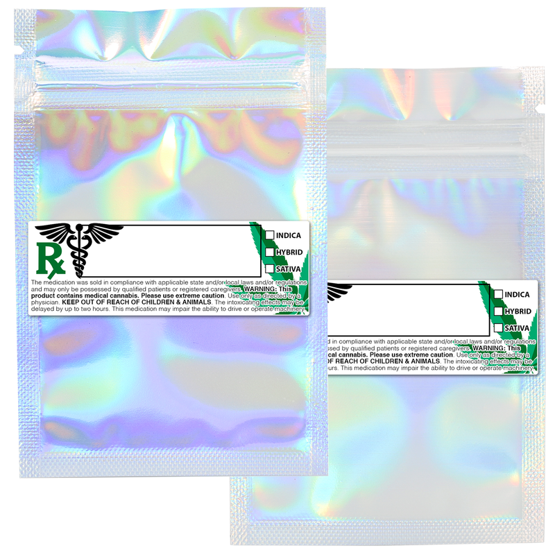 Holographic Dragon Chewer gram smell proof foil mylar bags by the Caviar Locker with custom designer rx strain labels. Thick wholesale bulk dispensary custom child resistant packaging 420 long term storage barrier bags with thc stickers. 
