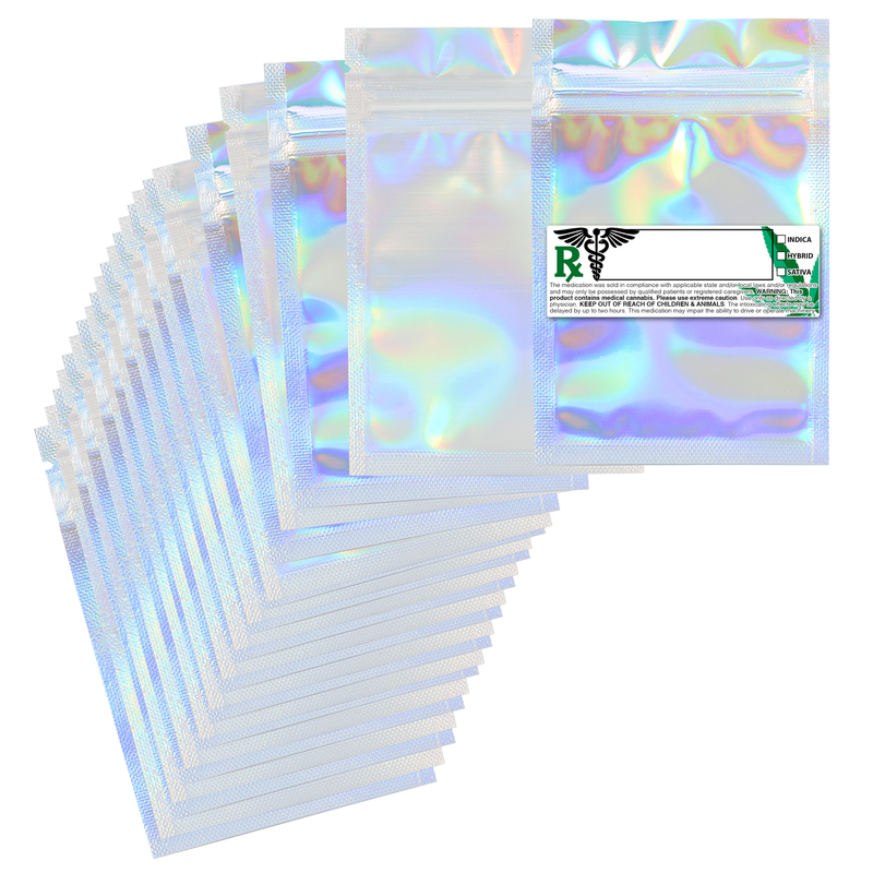 Holographic Dragon Chewer gram smell proof foil mylar bags by the Caviar Locker with custom designer rx strain labels. Thick wholesale bulk dispensary custom child resistant packaging 420 long term storage barrier bags with thc stickers. 