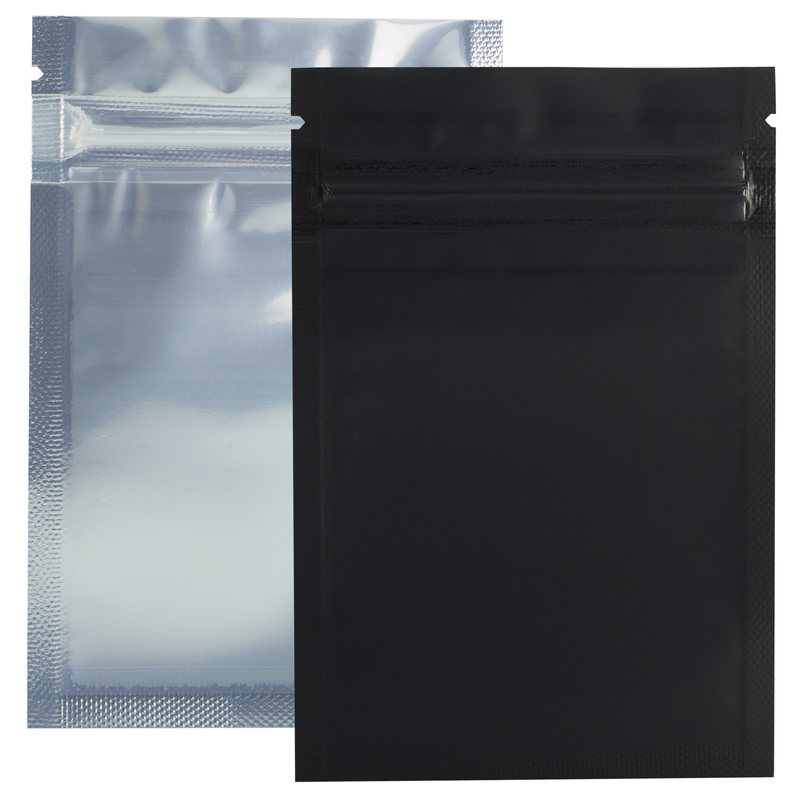 1 Gram 3 X 4 Matte Black / Clear – Wholesale smell proof zipper mylar bags with Rx printed labels – bulk packaging supplies. 100 foil dispensary storage bags & Rx stickers. 4 MIL – The best mylar bags – lowest prices. 