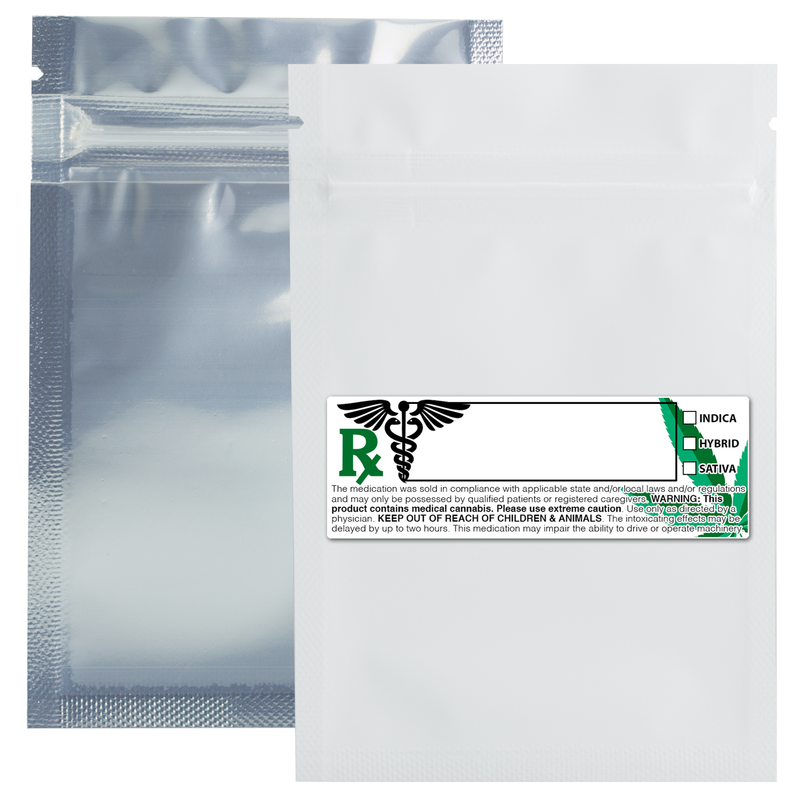 1 Gram 3 X 4 Matte White / Clear – Wholesale smell proof zipper mylar bags with Rx printed labels – bulk packaging supplies. 100 foil dispensary storage bags & Rx stickers. 4 MIL – The best mylar bags – lowest prices. 
