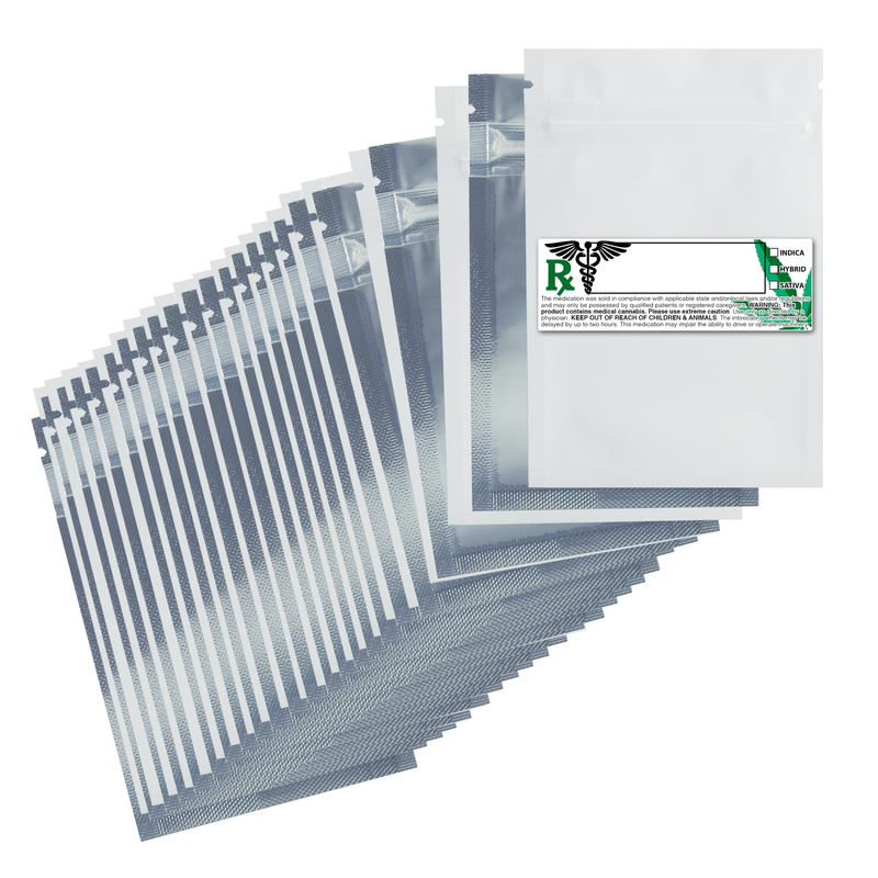 1 Gram 3 X 4 Matte White / Clear – Wholesale smell proof zipper mylar bags with Rx printed labels – bulk packaging supplies. 100 foil dispensary storage bags & Rx stickers. 4 MIL – The best mylar bags – lowest prices. 