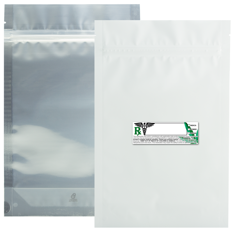 28 Gram 6 X 9 Matte White – Wholesale smell proof zipper mylar bags with Rx printed labels – bulk packaging supplies. 100 foil dispensary storage bags & Rx stickers. 4 MIL – The best mylar bags – lowest prices. 