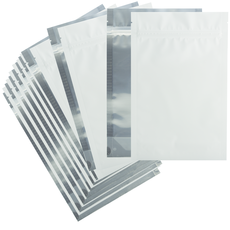 Matte White / Clear Dragon Chewer 28g ounce smell proof mylar bags by the Caviar Locker. Thick wholesale bulk dispensary custom child resistant packaging 420 barrier bags. 