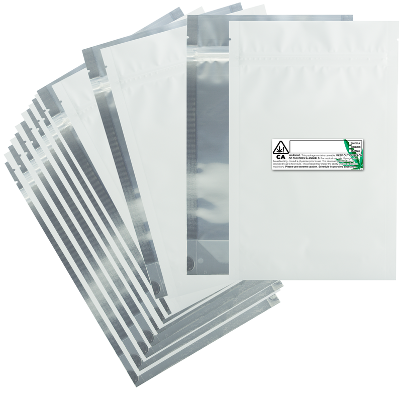 Matte White Dragon Chewer 28g ounce smell proof foil mylar bags by the Caviar Locker with custom designer rx strain labels. Thick wholesale bulk dispensary custom child resistant packaging 420 long term storage barrier bags with thc stickers. 