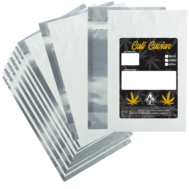 1 Ounce Matte White & Clear Designer Custom Mylar Bags + Labels (100 qty.)