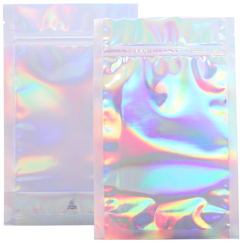 1 ounce dispensary generic rx labels 6 x 9 smell proof mylar bags with custom rx labels holographic rainbow oil slick color