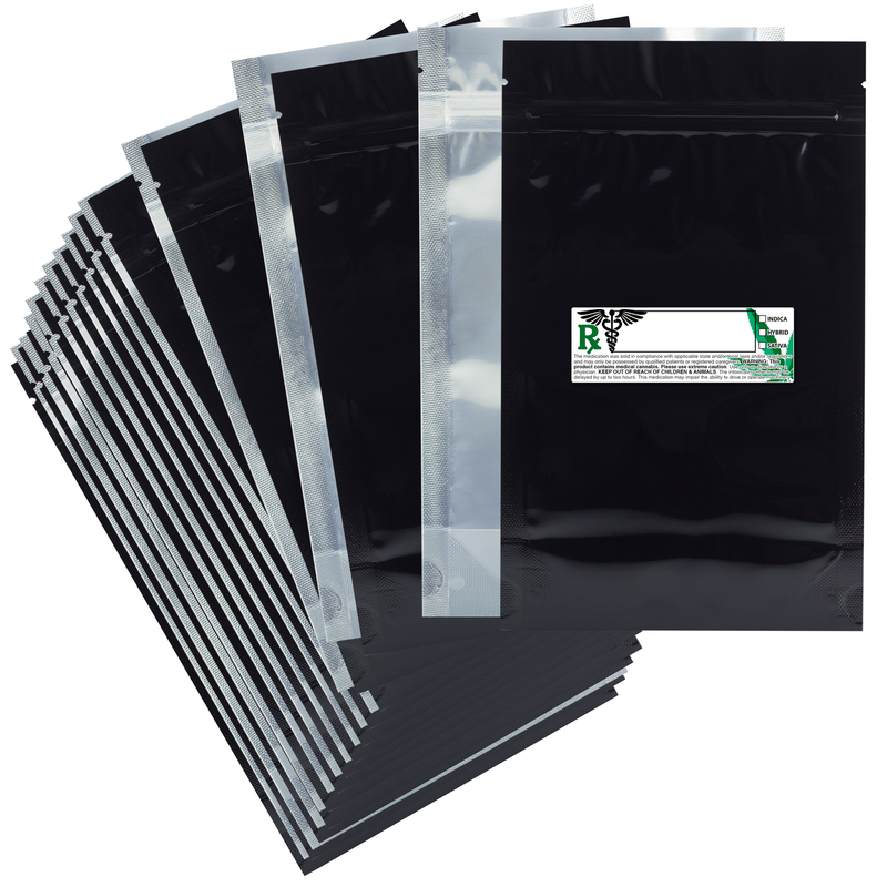 14 Gram 5 X 8 Black – Wholesale 420 smell proof zipper mylar bags with custom printed labels – bulk packaging supplies. 100 foil dispensary storage bags & Rx stickers. 4 MIL – The best mylar bags – lowest prices. 
