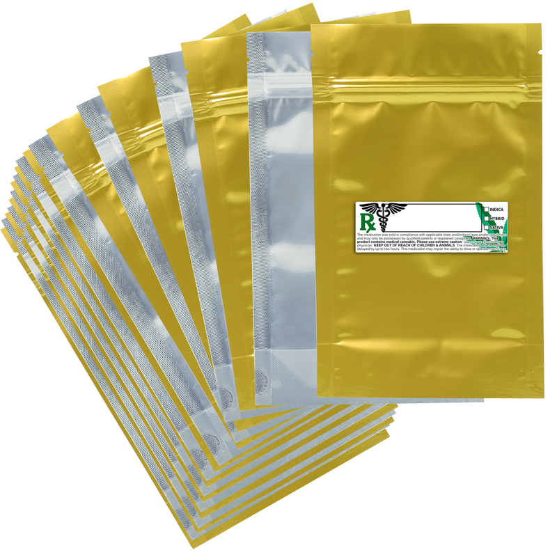 Buy 100 Gold 14g half ounce smell proof mylar bags with Rx Labels - ✓ Free Shipping Available ✓ FAST Delivery ✓ Wholesale – Dragon Chewer bulk baggies 420 dispensary with rx strain thc stickers heat sealed foil odor / scent proof custom zipper storage packaging 5 X 8 barrier bags by Caviar Locker.