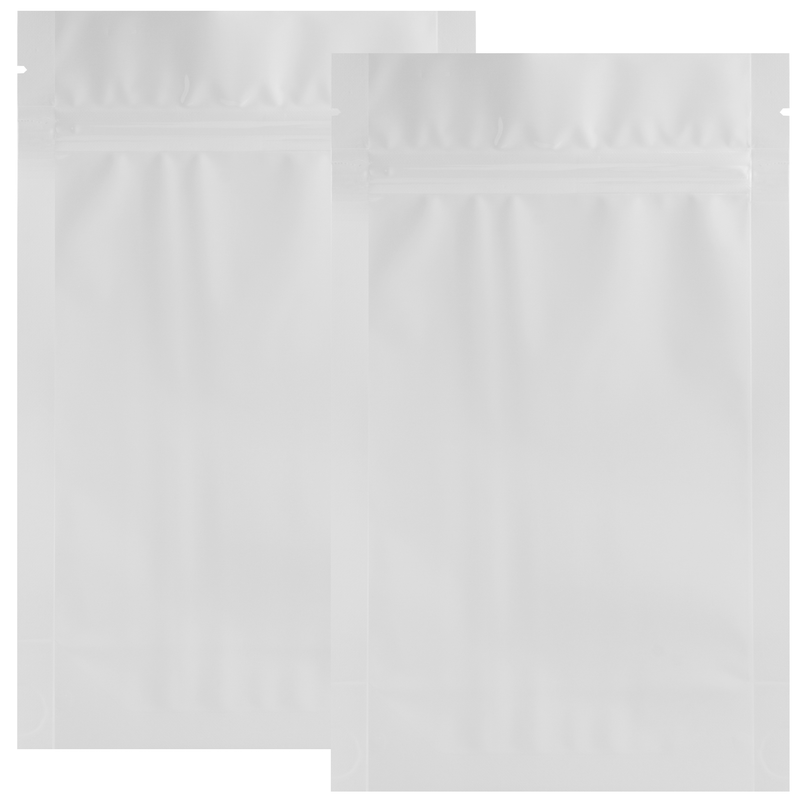 14 Gram Gloss White 5 X 8 – Wholesale 420 smell proof ziplock mylar bags – bulk compliant packaging supplies. 1,000 thick heat sealed foil odor / scent proof zipper dispensary storage bags.