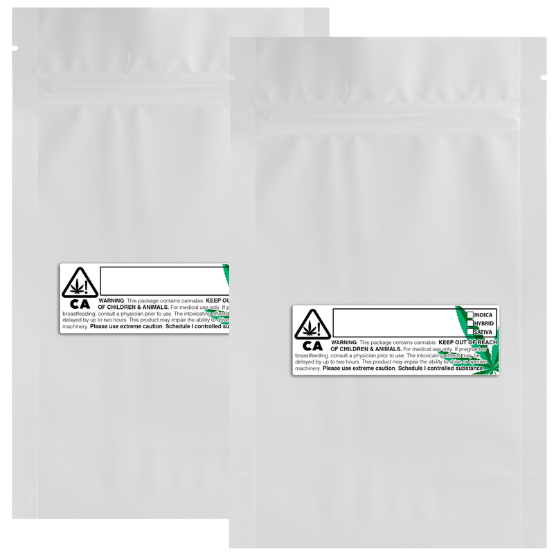 14 Gram 5 X 8 Gloss White – Wholesale 420 smell proof zipper mylar bags with custom printed labels – bulk packaging supplies. 100 foil dispensary storage bags & Rx stickers. 4 MIL – The best mylar bags – lowest prices. 