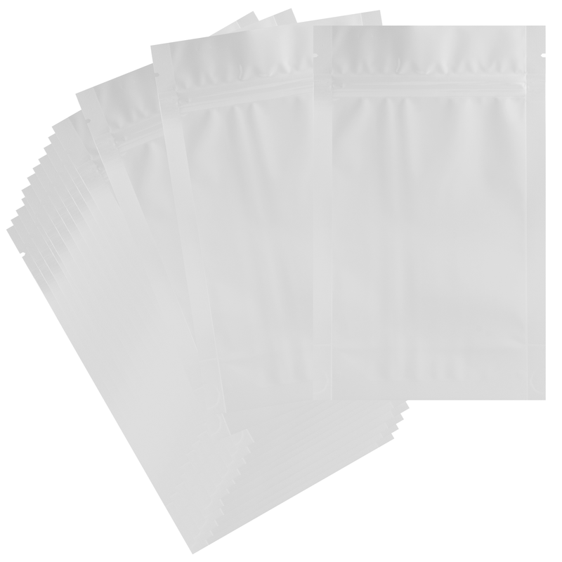 Gloss White Opaque Dragon Chewer 14g half ounce smell proof mylar bags by the Caviar Locker. Thick wholesale bulk dispensary custom child resistant packaging 420 barrier bags. 