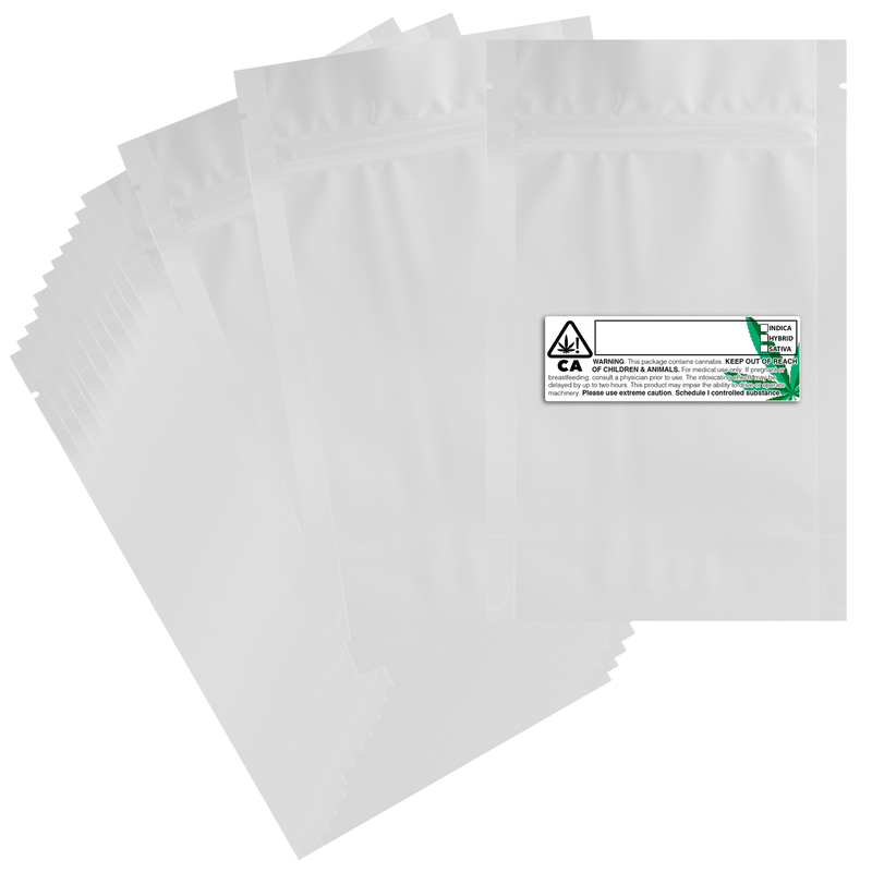 14 Gram 5 X 8 Gloss White – Wholesale 420 smell proof zipper mylar bags with custom printed labels – bulk packaging supplies. 100 foil dispensary storage bags & Rx stickers. 4 MIL – The best mylar bags – lowest prices. 