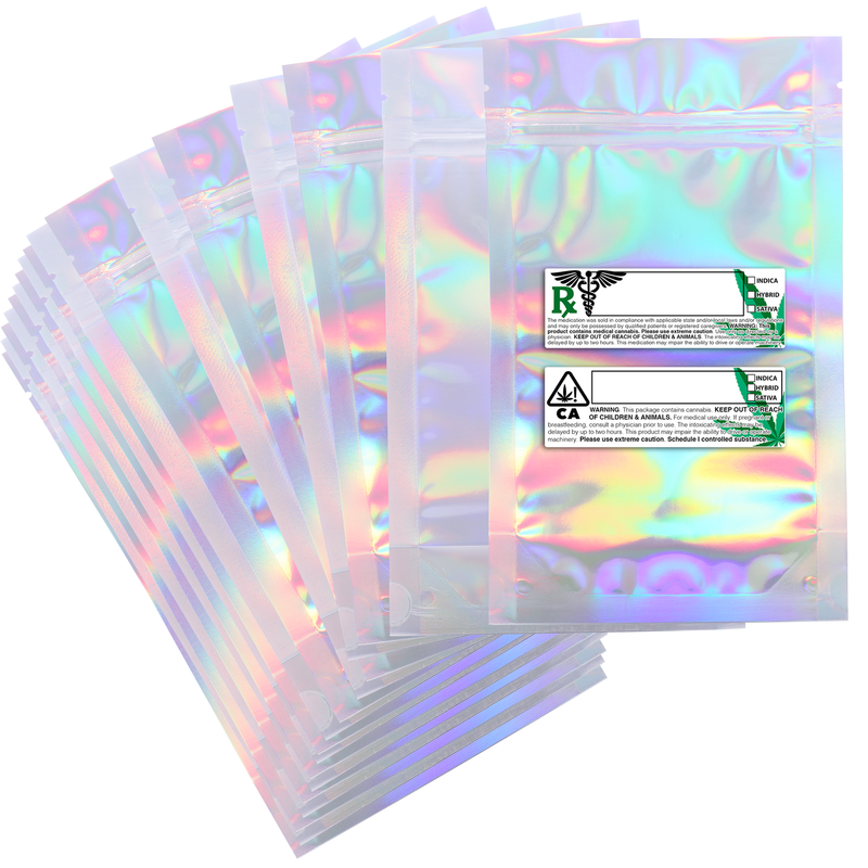 half 1/2 ounce holographic rx custom labels bulk mylar bags 5 x 8 smell proof dispensary packaging baggies foil pouch