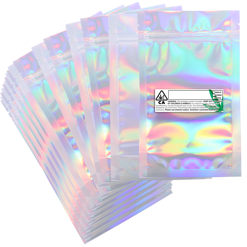 half 1/2 ounce holographic california custom labels bulk mylar bags 5 x 8 smell proof dispensary packaging baggies foil pouch