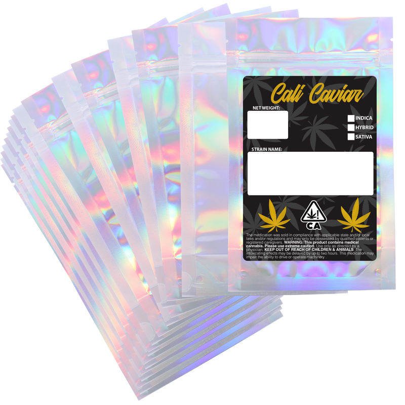 1/2 Ounce Gloss Holographic & Clear Designer Custom Mylar Bags + Labels (100 qty.)
