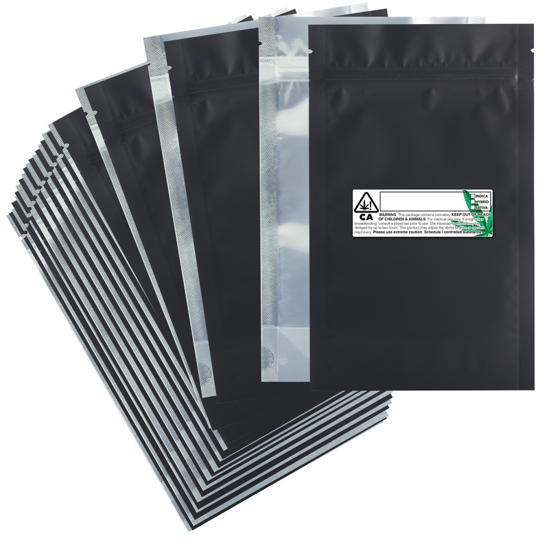 14 Gram 5 X 8 Matte Black / Clear – Wholesale smell proof zipper mylar bags with Rx printed labels – bulk packaging supplies. 100 foil dispensary storage bags & Rx stickers. 4 MIL – The best mylar bags – lowest prices. 