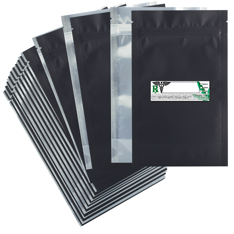 Matte Black Dragon Chewer 14g half ounce smell proof foil mylar bags by the Caviar Locker with custom designer rx strain labels. Thick wholesale bulk dispensary custom child resistant packaging 420 long term storage barrier bags with thc stickers. 