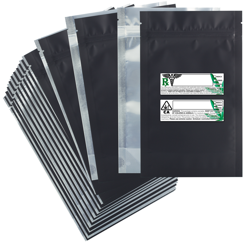 Matte Black Dragon Chewer 14g half ounce smell proof foil mylar bags by the Caviar Locker with custom designer rx strain labels. Thick wholesale bulk dispensary custom child resistant packaging 420 long term storage barrier bags with thc stickers. 