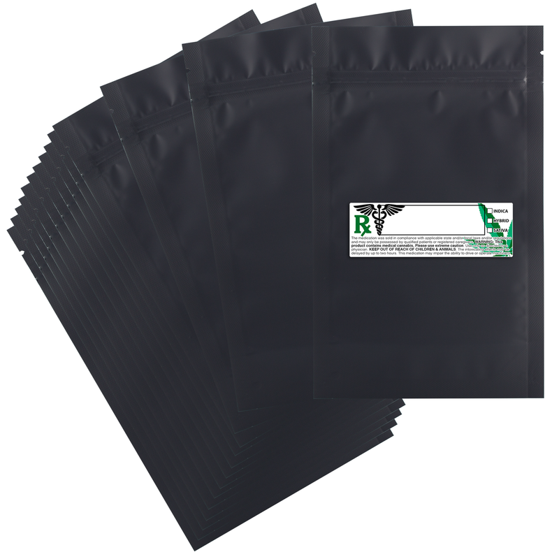 14 Gram 5 X 8 Matte Black – Wholesale 420 smell proof zipper mylar bags with custom printed labels – bulk packaging supplies. 100 foil dispensary storage bags & Rx stickers. 4 MIL – The best mylar bags – lowest prices. 