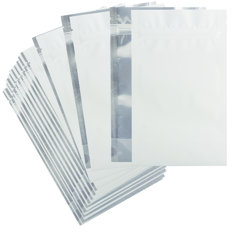 Matte White / Clear Dragon Chewer 14g half ounce smell proof mylar bags by the Caviar Locker. Thick wholesale bulk dispensary custom child resistant packaging 420 barrier bags. 