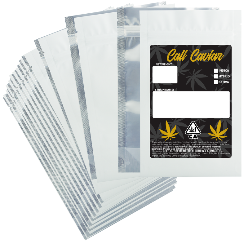 1/2 Ounce Matte White & Clear Designer Custom Mylar Bags + Labels (100 qty.)