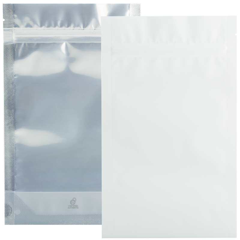 14 Gram 5 X 8 Matte White / Clear – Wholesale 420 smell proof zipper mylar bags – bulk packaging supplies. 1,000 foil odor / scent proof & dispensary storage bags. 4 MIL – The best mylar bags – lowest prices. 