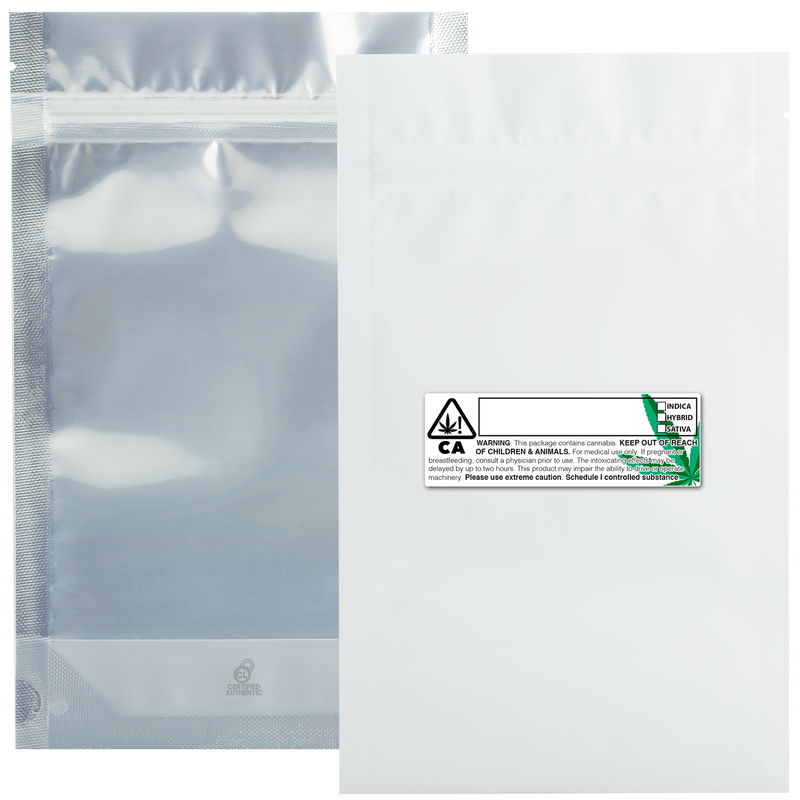 14 Gram 5 X 8 Matte White / Clear – Wholesale smell proof zipper mylar bags with Rx printed labels – bulk packaging supplies. 100 foil dispensary storage bags & Rx stickers. 4 MIL – The best mylar bags – lowest prices. 