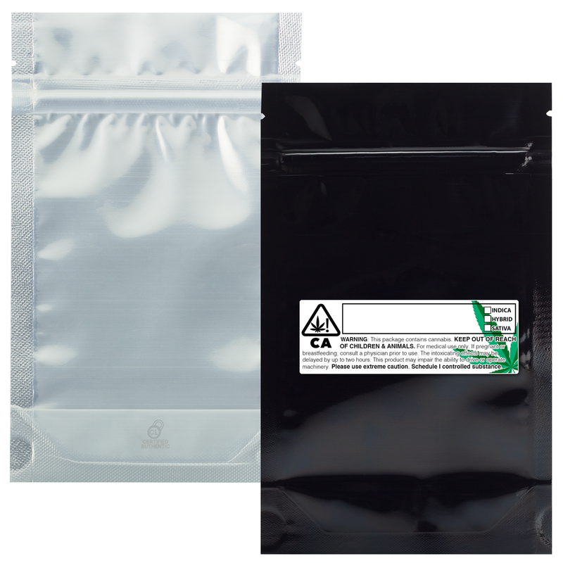 Black / Clear Dragon Chewer 7g quarter ounce smell proof foil mylar bags by the Caviar Locker with custom designer rx strain labels. Thick wholesale bulk dispensary custom child resistant packaging 420 long term storage barrier bags with thc stickers. 