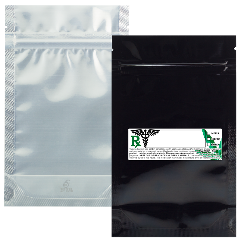 7 Gram 4 X 6 Black / Clear – Wholesale smell proof zipper mylar bags with Rx printed labels – bulk packaging supplies. 100 foil dispensary storage bags & Rx stickers. 4 MIL – The best mylar bags – lowest prices. 