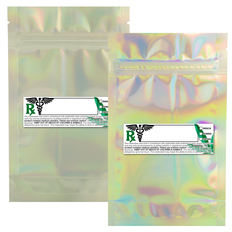 Holographic Dragon Chewer 7g quarter ounce smell proof foil mylar bags by the Caviar Locker with custom designer rx strain labels. Thick wholesale bulk dispensary custom child resistant packaging 420 long term storage barrier bags with thc stickers. 